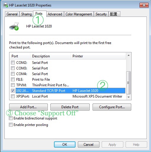 Ports tab - Select TCP/IP port and disable bidirectional support